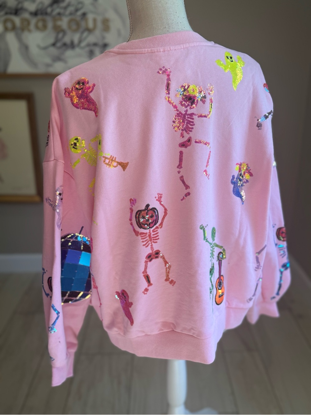 New! QUEEN OF SPARKLES Pink Neon Sequin Disco Skeleton Sweatshirt - Picture 7 of 12